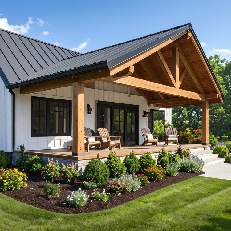 KI-generiertes Bild eines modernen Landhauses mit überdachter Holzveranda, Metalldach, angelegtem Garten und Sitzbereich im Freien unter klarem blauem Himmel.