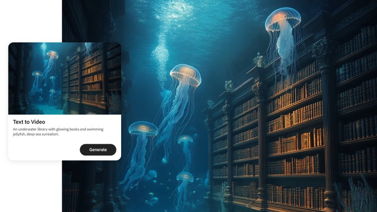 Standbild einer animierten Qualle in einer Unterwasser-Bibliothek mit Text-Prompt-Overlay im KI-Animationsgenerator