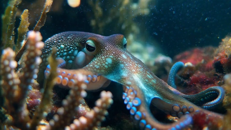 https://video.tv.adobe.com/v/3471139?autoplay=true&end=replay&hasaudio=false&mute=false&chrome=false | Realistische Szene mit einem Oktopus in einem Unterwasserriff, erstellt mit dem KI-Videogenerator