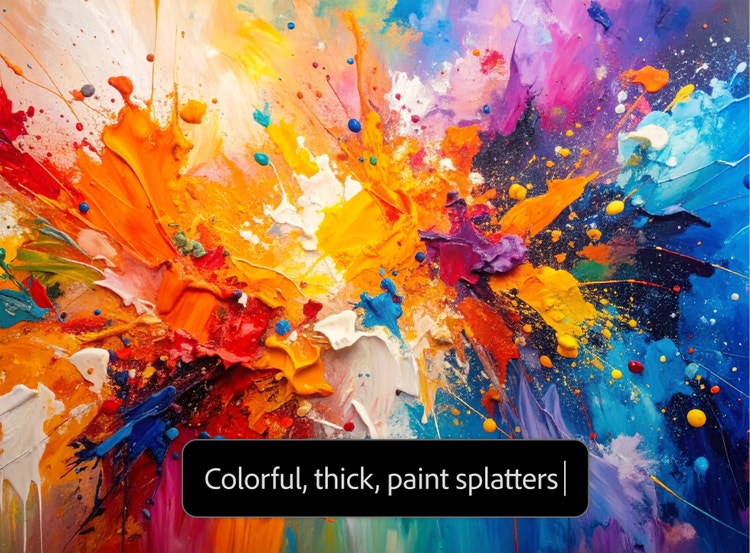 KI-generierte abstrakte Kunst im expressionistischen Stil mit kontrastreichen Farbspritzern und Textprompt-Oberfläche eines KI-Generators