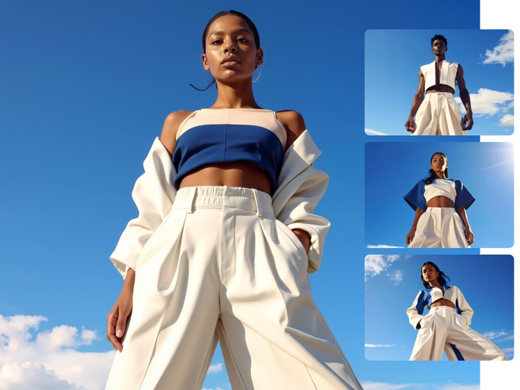 Ein Model in einem blau-weißen Outfit posiert vor einem strahlend blauen Himmel, daneben kleinere Bilder mit Outfit-Variationen.