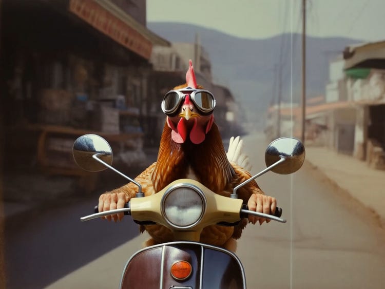 Standbild eines Hahns, der auf einem Motorroller auf die Kamera zufährt, mit Gebäuden im Hintergrund.