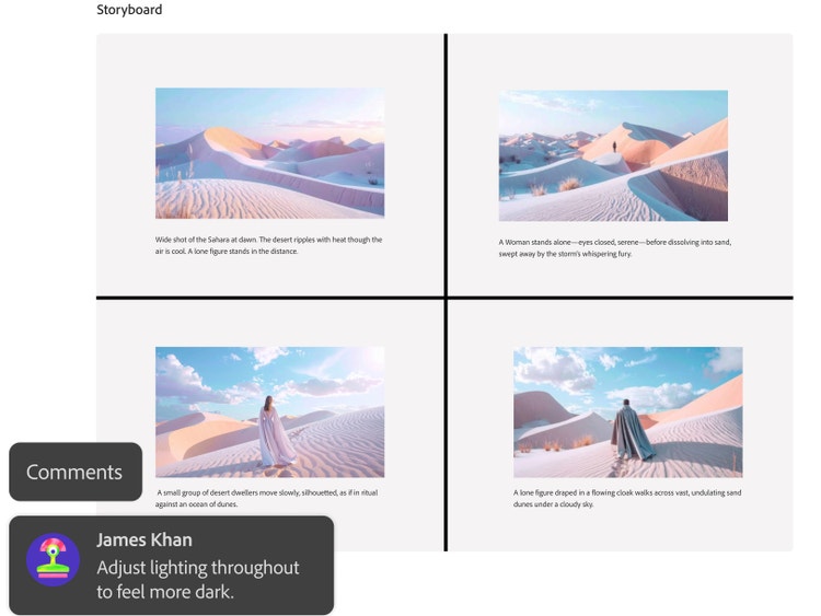 Eine Szene mit vier Panels zeigt Figuren auf Sanddünen. Ein eingeblendeter Kommentar verdeutlicht, wie einfach es ist, in Firefly Boards direkt Feedback zu erhalten und zusammenzuarbeiten.