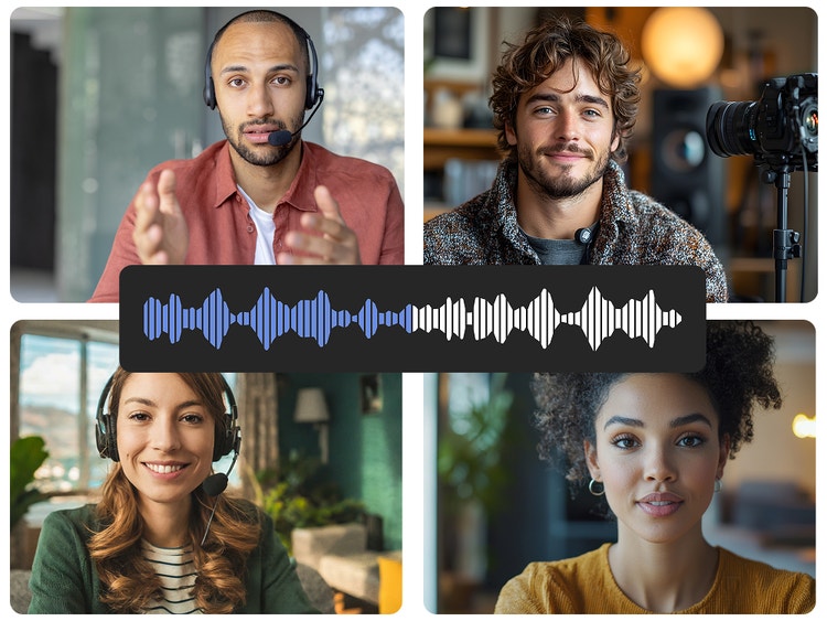Fotocollage von vier Personen mit Audio-Wellenform-Overlay, das Optionen für KI-Synchronisation in Firefly zeigt
