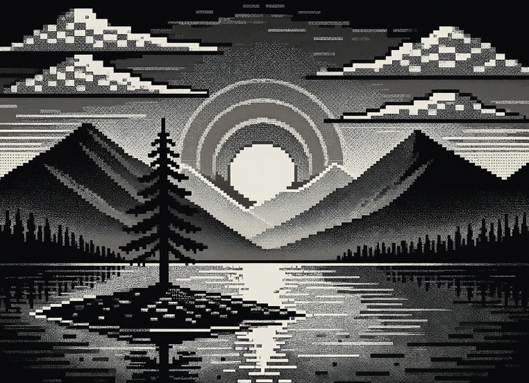 Pixel-Art-Szene im Monochrom-Stil. Im Vordergrund ein See mit einem einzelnen Baum in der Mitte einer kleinen Insel, im Hintergrund geht die Sonne hinter den Bergen in einem wolkenverhangenen Himmel unter.