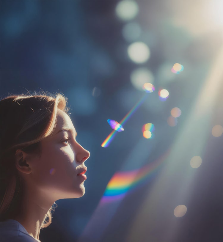 KI-generiertes Bild einer Person mit langem offenem Haar, die im dramatischen Licht eines hellen Bühnenscheinwerfers steht. Im Hintergrund sind mehrere bunte Lichtreflexe zu sehen.