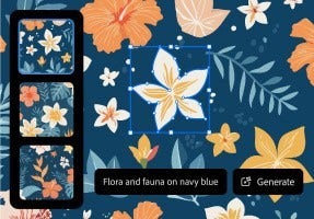 Ein gezeichnetes Blumenmuster vor blauem Hintergrund, das mit dem Prompt „Flora und Fauna auf Dunkelblau“ erstellt wurde