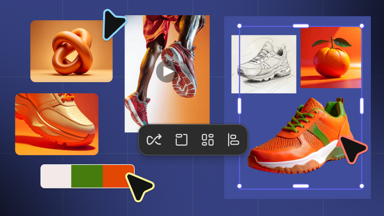 Sneaker-themed mood board with orange colour palette, sketches, abstract shapes and product shots.