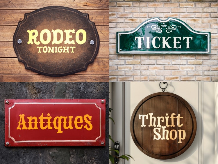 four various signs in different fonts side by side: Rodeo, antiques, Thrift store, tickets