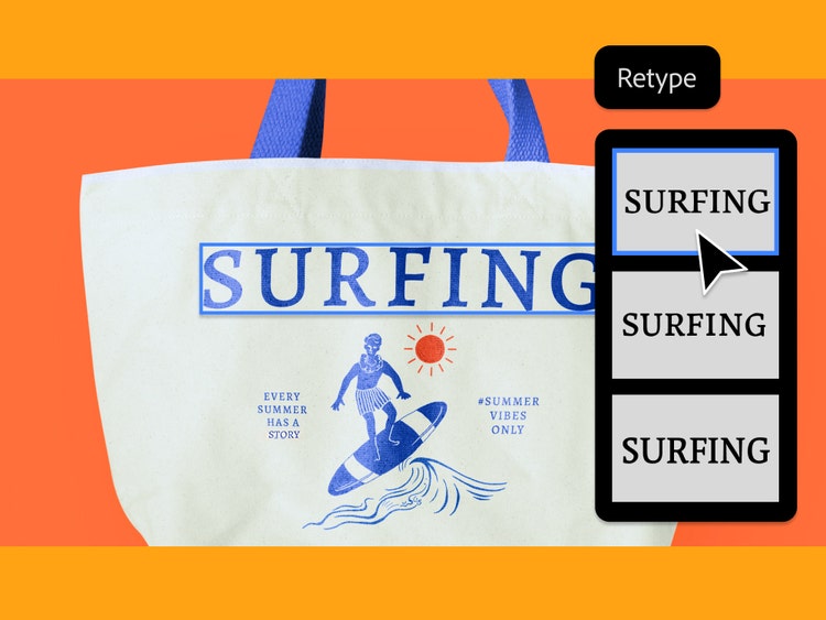 beach bag with the surfer image and surfer sign, with the font search bar on the side in the Retype UI