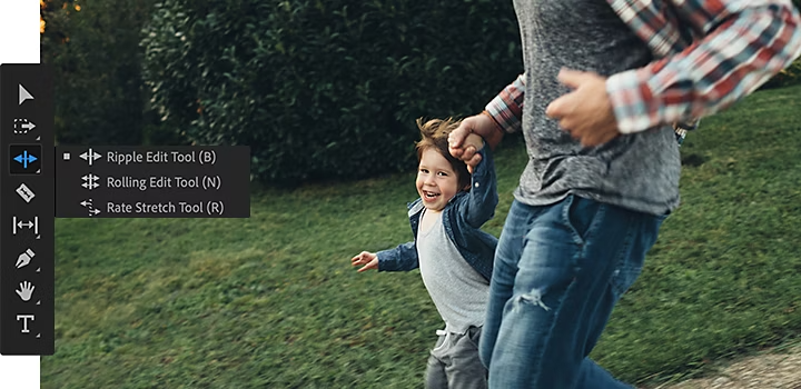 The Adobe {{premiere}} Ripple Edit Tool panel superimposed over an image of a parent walking with their child and holding their hand