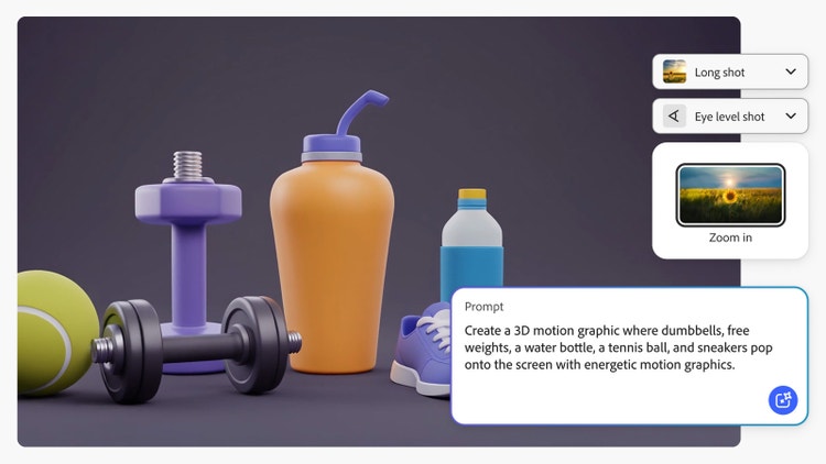 AI generated 3D motion graphic where dumbbells, free weights, a water bottle, a tennis ball and trainers pop onto the screen one by one with energetic motion, shown within the Adobe Firefly Video interface with prompt and camera controls visible.
