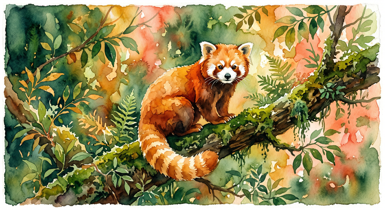 Red panda on a branch generated in a watercolour painting style
