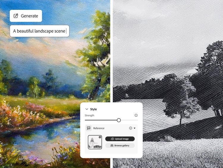 Before and after of AI generated landscape scene with text to image prompt, reference photo and style overlay in Generative Match