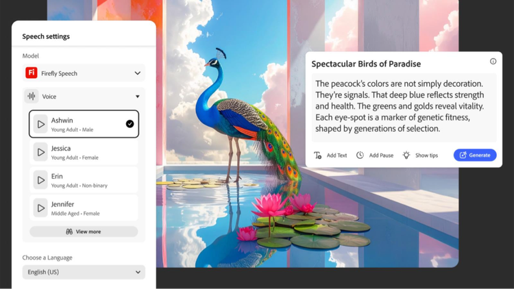 An image of a peacock standing in a pool in a modernist architectural space. On the right is UI to select various AI-generated voiceover options. A text block shows narration of facts about peacocks.
