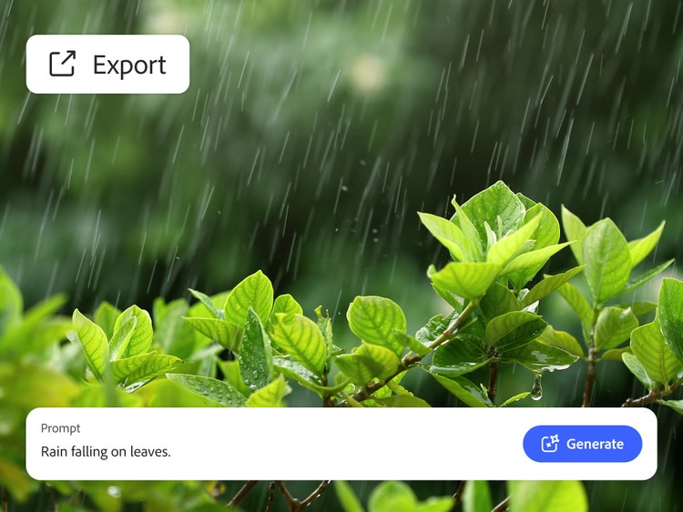 A close up image of green leaves in the rain with a text prompt used to generate realistic AI sound effects that match the scene in Firefly.