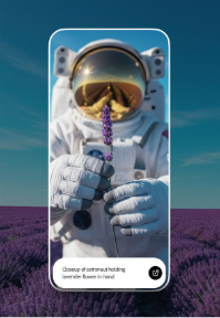 Mobile app interface showing an AI-generated image of an astronaut holding a lavender flower in a purple field under a clear blue sky.