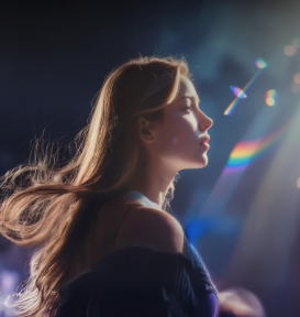 AI generated image of a person with long flowing hair standing under dramatic stage lighting with colorful lens flares in the background.