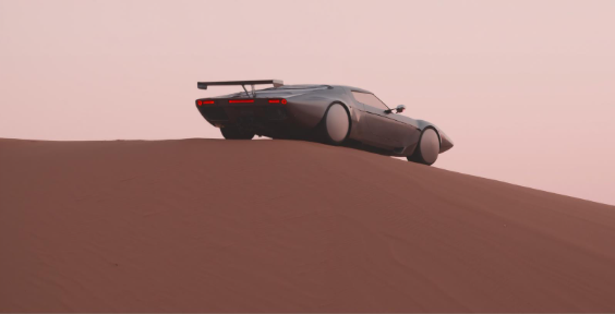 AI-generated image of a futuristic sports car on a sand dune at sunset, illustrating creativity and innovation in design.