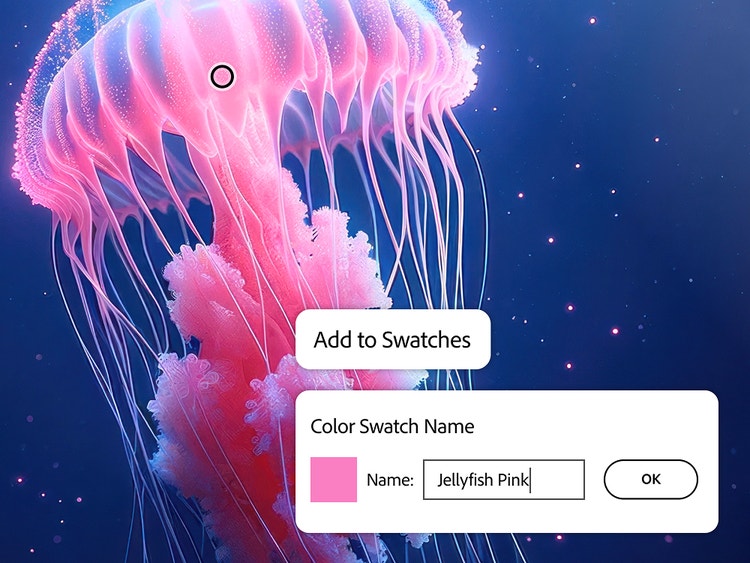 A pink jellyfish on a deep blue ocean background with a Colour Picker tool overlay showing how to build a customised palette with swatches.