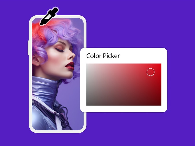 A modern portrait of a woman with purple hair on a smartphone screen with a Colour Picker overlay in the Photoshop mobile app.