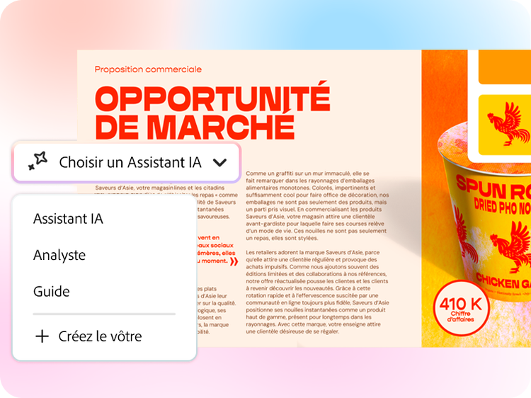 Capture d’écran d‘une proposition commerciale, avec un menu permettant de choisir un Assistant IA, un analyste ou un guide