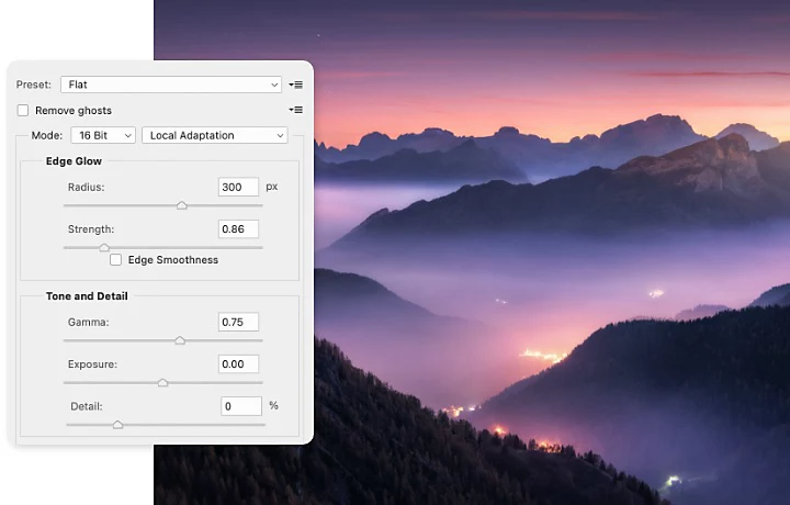 The Adobe {{lightroom}} Develop Module superimposed over a photo of fog rolling over a hillside