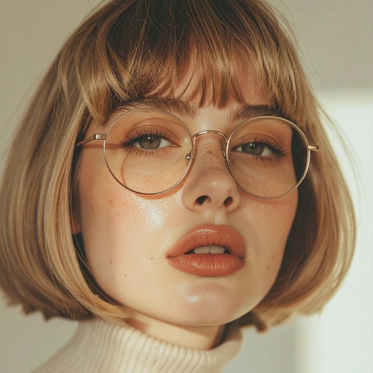 Portrait de mode en gros plan généré par IA d’une jeune femme blonde avec une coupe au carré courte portant des lunettes rondes et un col roulé de couleur claire. Un éclairage directionnel doux souligne son grain de peau et les traits de son visage devant un arrière-plan neutre et minimaliste.