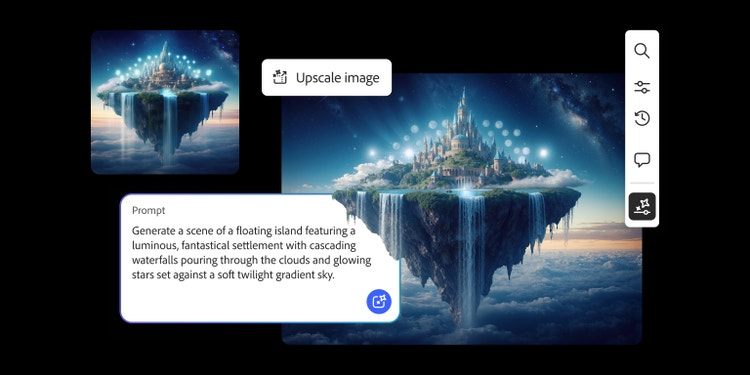 Image de style fantastique générée par l’IA, représentant une île qui flotte dans les airs au-dessus des nuages, avec un château lumineux et des cascades d’eau, le tout accompagné de deux éléments d’interface d’Adobe Firefly (le bouton Augmenter la résolution de l’image et un prompt)