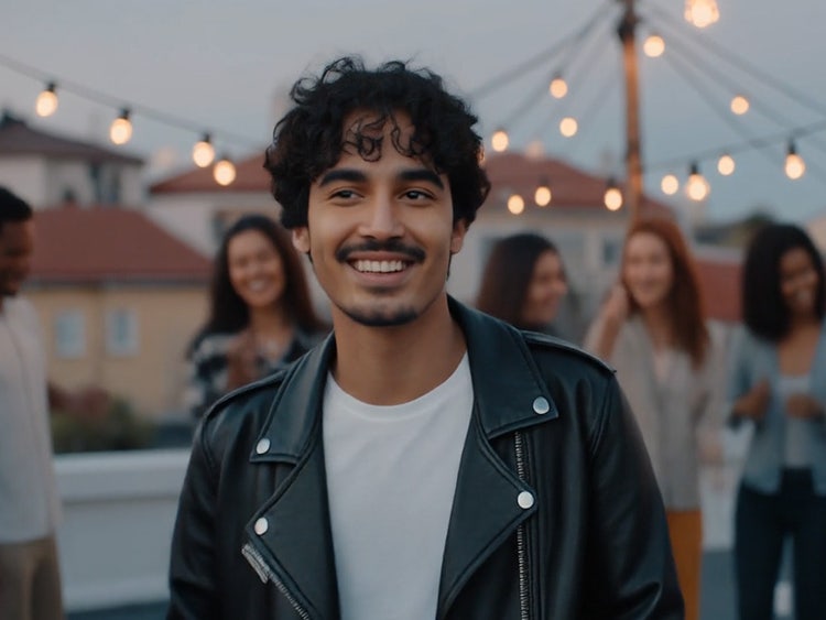 https://main--cc--adobecom.aem.page/cc-shared/assets/firefly/video/music-video/media_131336a79dc74953aed23716c718b451efa3cf499.mp4#_autoplay&mute=true | Image générée par IA d’un jeune homme souriant, avec les cheveux bouclés et une moustache, vêtu d’un t-shirt blanc et d’une veste de moto en cuir noir. Il danse en plein air, entouré de personnes à l’arrière-plan.