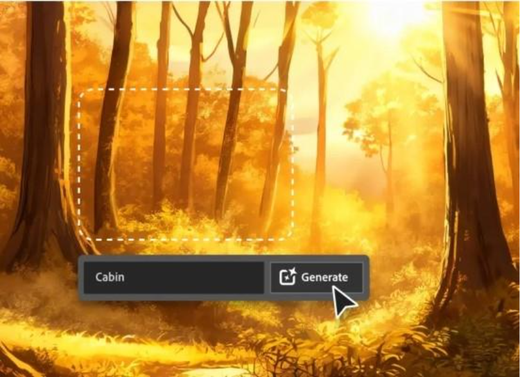 Image générée par l’IA d’une forêt au coucher du soleil, avec incrustation du bouton Générer et du prompt utilisé pour ajouter un chalet