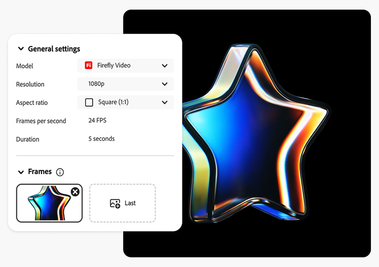 https://main--cc--adobecom.aem.page/cc-shared/assets/firefly/video/image-to-video/media_14ce1fc81c2603b5f1654696765fc65624ee809ed.mp4#_autoplay&mute=true | Objet en forme d’étoile animé, coloré et brillant sur fond noir, affiché derrière un panneau de paramètres comportant des commandes de modèle, de résolution, de rapport L/H, de fréquence d’images et de durée
