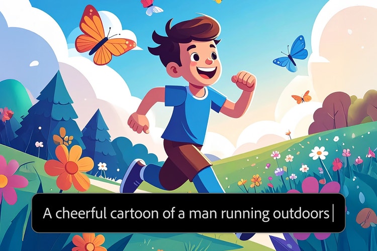 Illustration de style BD d’une personne courant en pleine nature, avec incrustation du prompt « Illustration de style BD d’un garçon joyeux courant en pleine nature »