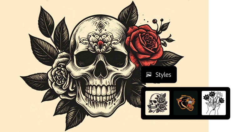 Croquis de tatouage classique généré par l’IA représentant une tête de mort et des roses rouges, avec trois variations de style