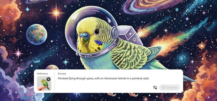 Perruche revêtue d’une tenue d’astronaute créée avec le générateur de portraits animaliers IA de Firefly, avec le champ de prompt du module Du texte à l’image en incrustation