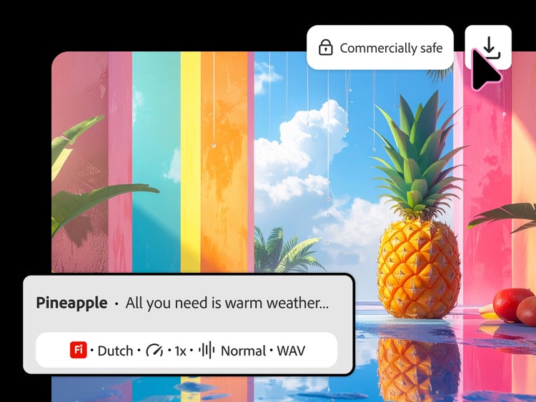 Image colorée d’un ananas posé sur une plage. En haut à droite, mention « Adapté à un usage commercial » avec un curseur en train de sélectionner l’icône de téléchargement. En bas à gauche, interface utilisateur affichant une piste de voix off.