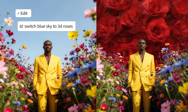 Image représentant un homme en costume jaune dans un champ de fleurs sous un ciel bleu. Le ciel est remplacé par des roses en gros plan.