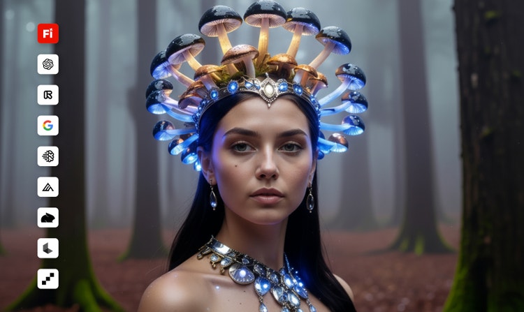 Image d’une femme dans une forêt portant une coiffe lumineuse composée de champignons, avec incrustation d’icônes représentant différents modèles d’IA disponibles dans Firefly