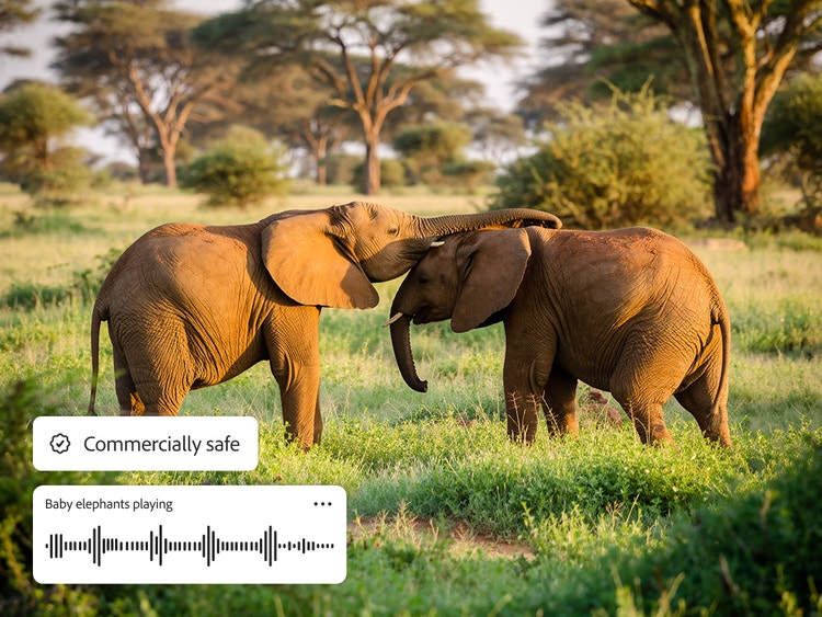 Deux éléphants de profil dans la savane, l’un posant sa trompe sur la tête de l’autre, avec le badge « Adapté à un usage commercial » en incrustation