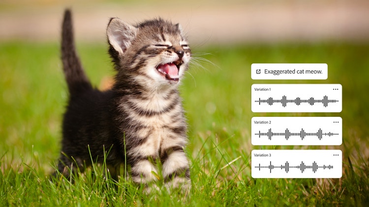 Chaton tigré qui miaule avec, en incrustation, le prompt « miaulement excessif » et trois formes d’onde créées à l’aide du générateur d’effets sonores par IA de Firefly