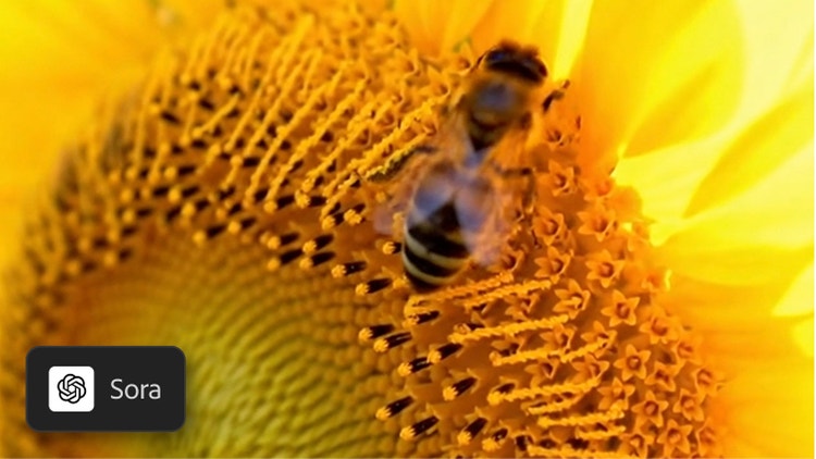 Image en gros plan d’une abeille en mouvement butinant le nectar d’un tournesol, avec des pétales d’un jaune éclatant et des amas de grains de pollen détaillés, générée avec le modèle Sora d’OpenAI, accessible via Adobe Firefly
