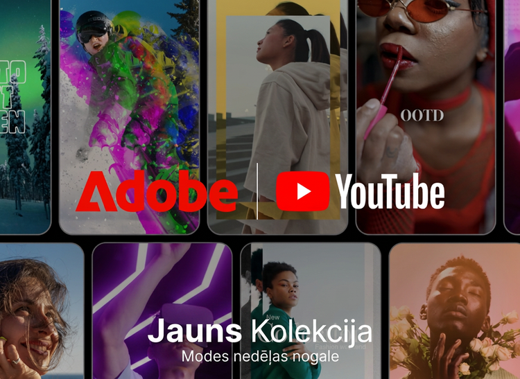 YouTube Shorts kadri — sieviete sarkanās brillēs, snovbordists, sieviete virtuālās realitātes austiņās un vīrietis ar ziediem rokās — ar Adobe un YouTube logotipu pārklājumu.