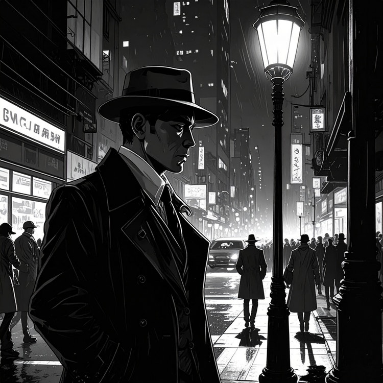 Mākslīgā intelekta ģenerēta melnbalta noir ilustrācija ar vīrieti fedora cepurē un lietusmētelī, kas stāv uz lietainas pilsētas ielas naktī, apgaismots ar ielu lukturiem un neona zīmēm.