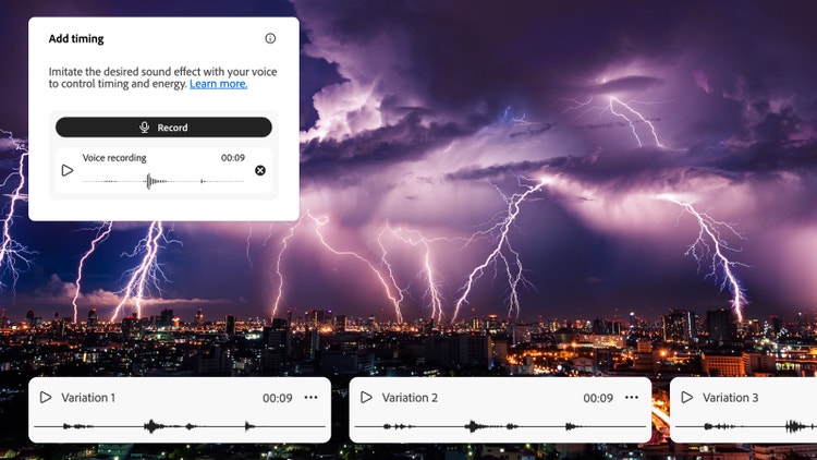 Pilsētas ainava naktī ar zibeni debesīs, attēlu pārklāj Firefly saskarne, kurā redzami mākslīgā intelekta ģenerētie pērkona un zibens skaņas efekti, balss ierakstīšanas vadīklas un vairāki audio viļņu formu varianti, kas tiek izmantoti skaņas efektu sinhronizācijai un ģenerēšanai.