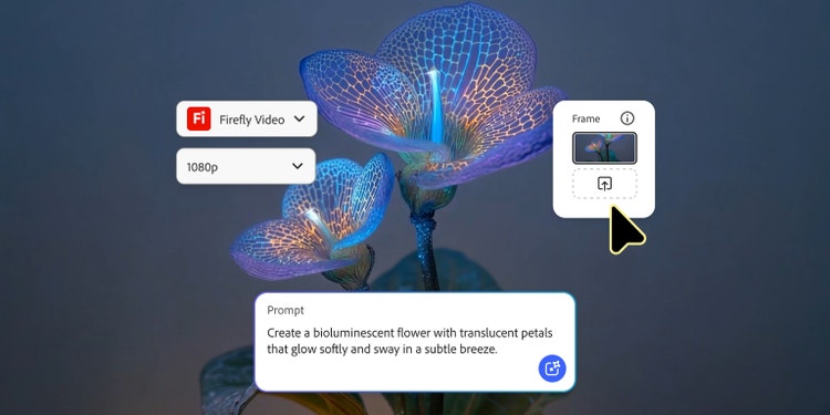 Mākslīgā intelekta ģenerēts animēts video ar bioluminiscējošu ziedu, kam ir caurspīdīgas, mirdzošas ziedlapiņas, kas maigi šūpojas vieglā vēsmā, redzams Adobe Firefly saskarnē ar uzvedni un kadru vadīklām.