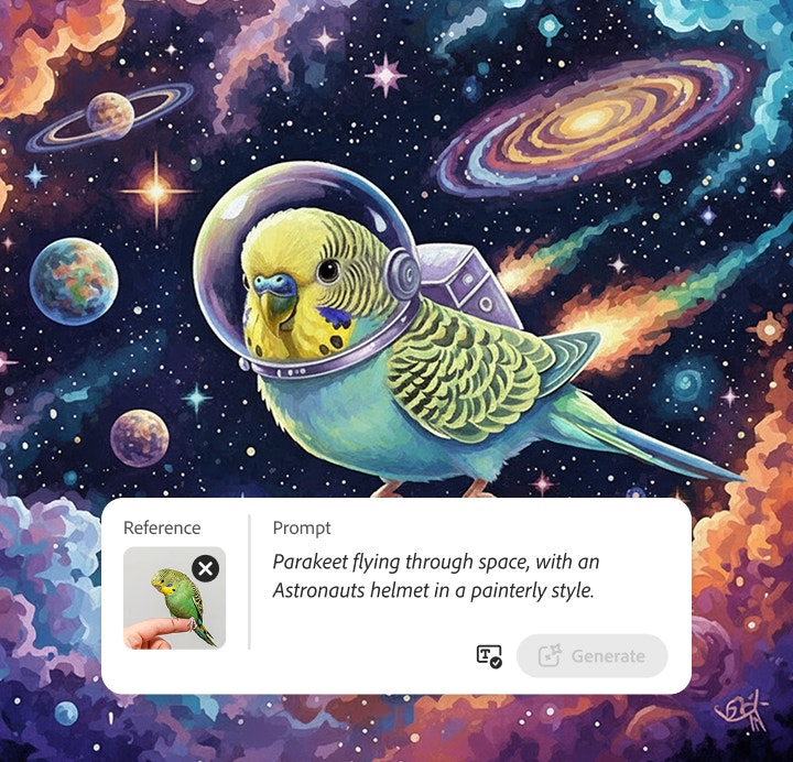 MI ģenerēts papagailis kosmonauta tērpā, kas izveidots ar Firefly nodrošinātu MI mājdzīvnieku portretu ģeneratoru, kā arī pievienota teksta pārvēršanas attēlā uzvedne.