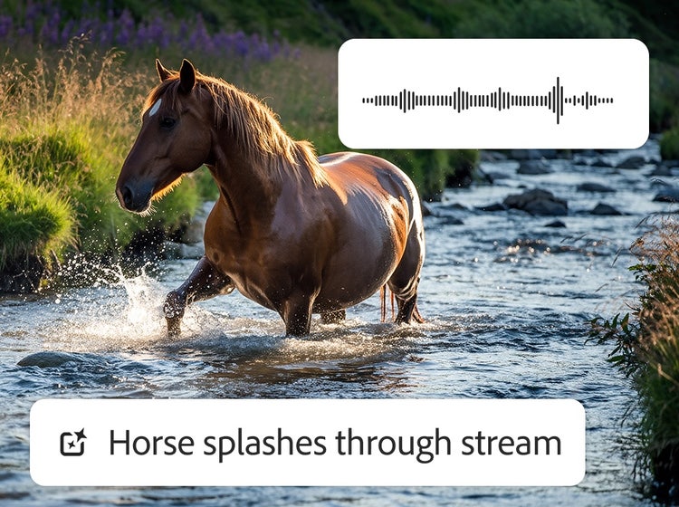 Zirgs pārvietojas caur ūdeni līdz ceļgaliem ar audio viļņu formas pārklājumu un skaņas efekta norādi “zirgs šļakstās caur strautu”.