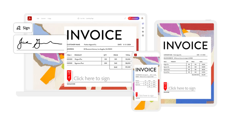 An example of an invoice document on a laptop. Shown is a signature on the left side, and the bottom of the invoice is a space to sign electronically using Adobe Acrobat Sign.