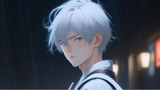 لقطة من رسوم متحركة تم إنشاؤها بالذكاء الاصطناعي لفتى بأسلوب الأنمي ذي شعر أبيض في غرفة مظلمة