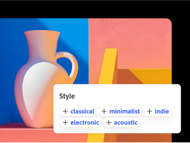 مزهرية خزفية بيضاء ذات مقبض منحنٍ موضوعة أمام خلفية هندسية باللون الأزرق والوردي والأصفر، ومزودة بقائمة "Style" (الأنماط) التي تتضمّن خيارات الموسيقى التالية: Classical (كلاسيكي)، وMinimalist (بسيط)، وIndie (إندي)، وElectronic (إلكتروني)، وAcoustic (أكوستيك).